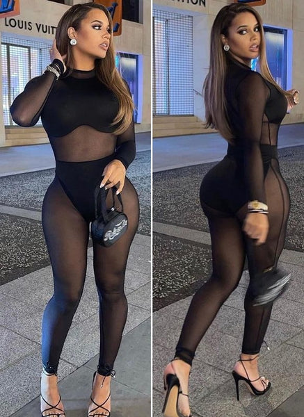 Solid And Mesh Material Jumpsuit