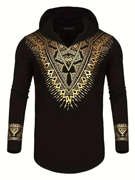 Plus Size African Tribal Print Long Sleeve Hooded Shirt