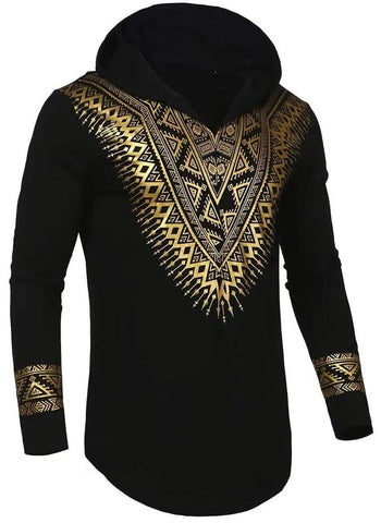 African Tribal Print Long Sleeve Hooded Shirt