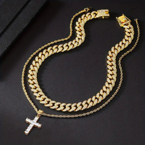 Cuban Link Chain And Cross Necklace Combo